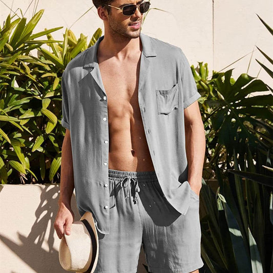 Men's Linen Short Sleeve Shirt Set Linen - Mubimart