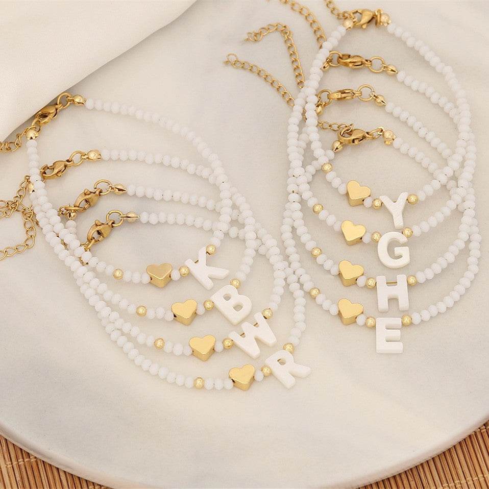 26 Letters White Shell Beaded Bracelet Women Metal Love Design Bracelet Jewelry - Mubimart