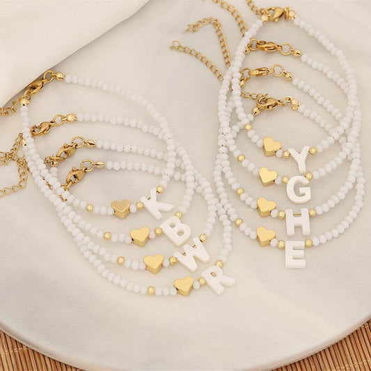 26 Letters White Shell Beaded Bracelet Women Metal Love Design Bracelet Jewelry - Mubimart