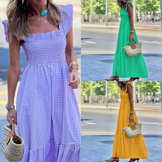 Fashionable Sleeveless Midi Plaid Dress - Mubimart