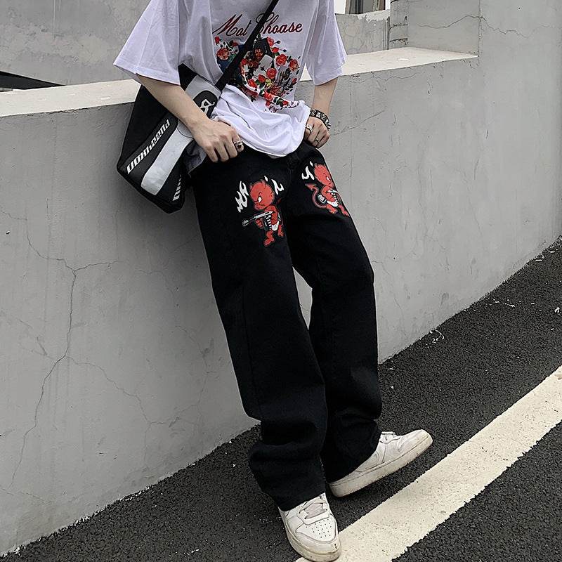 Mens Fashion Casual Print Loose Jeans - Mubimart
