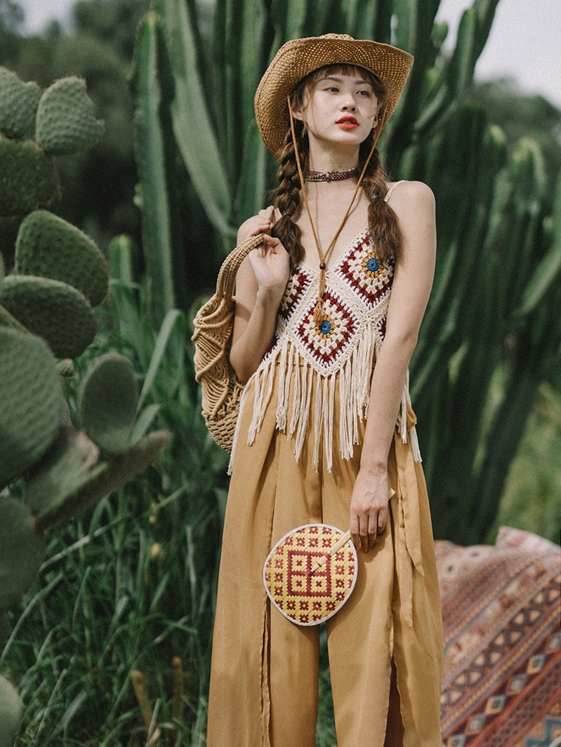 Bohemian Tassel Spaghetti-strap Camisole Top - Mubimart -  