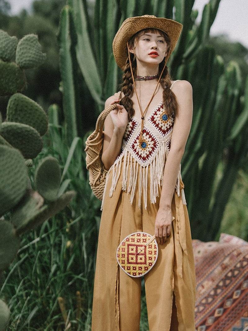 Bohemian Tassel Spaghetti-strap Camisole Top - Mubimart