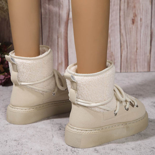 Fashion Lace-up Snow Boots Winter Flat Thick-soled Height-enhancing Cotton Shoes For Women Casual Warm Short Boot - Mubimart