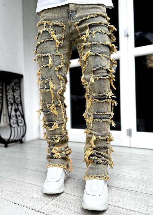 Men Trousers Individual Patched Pants Long Tight Fit Stacked Jeans For Mens Clothing - Mubimart