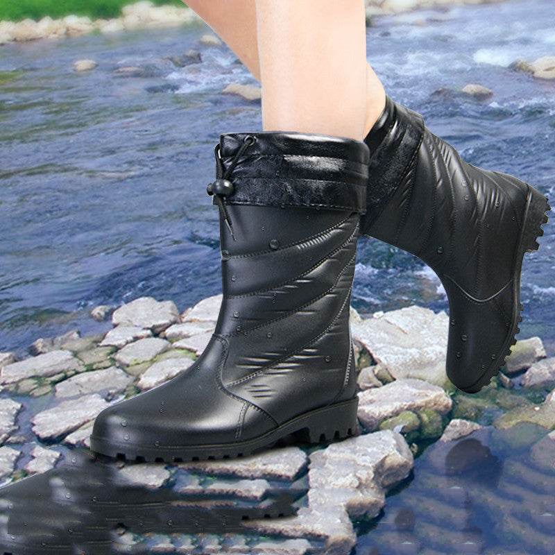 Boots Waterproof Shoes Rubber Shoes Women Warm Rain Boots - Mubimart