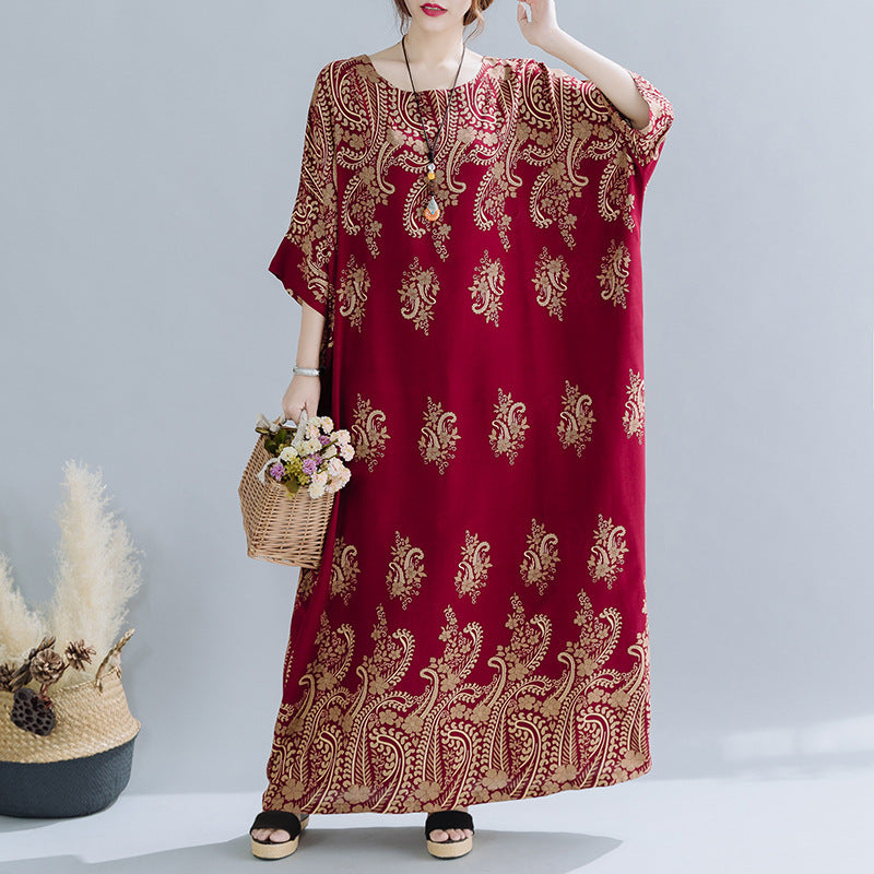 Spring Ethnic Style Plus Size Women's Cotton Silk Robe Loose Dress - Mubimart - Plus Size Robe 