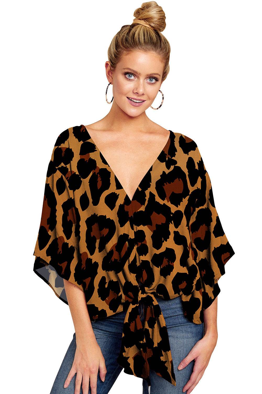 New V Neck Blouse Women Leopard Print Shirts Floral Tie Front Blouses Batwing Summer Oversize Ladies Tops - Mubimart