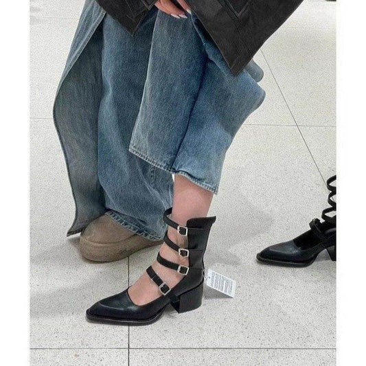 Roman Buckle Mid-calf Pointed Sandal Boots Women's Summer - Mubimart