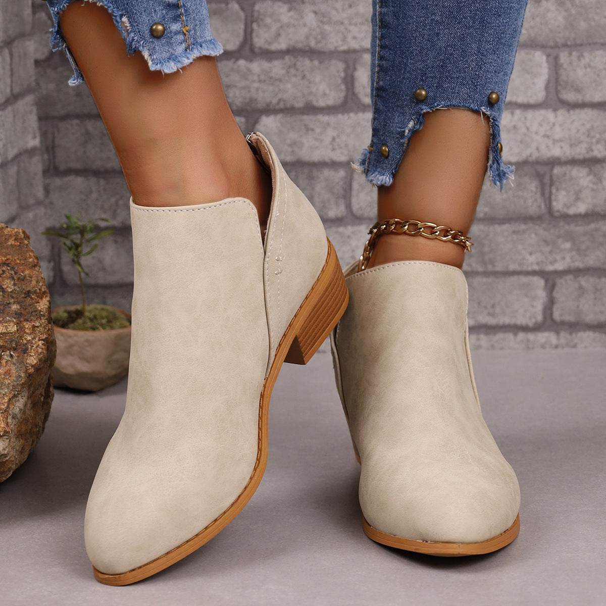 Chunky Heel Pointed Toe Ankle Boots With V-cut Design Fashion Fall Winter Short Boots For Women Shoes - Mubimart