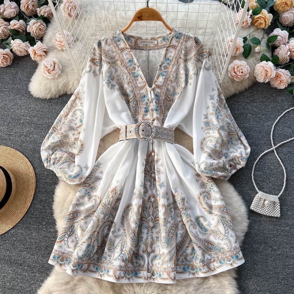 Printed Lantern Sleeve Midi Dress - Mubimart