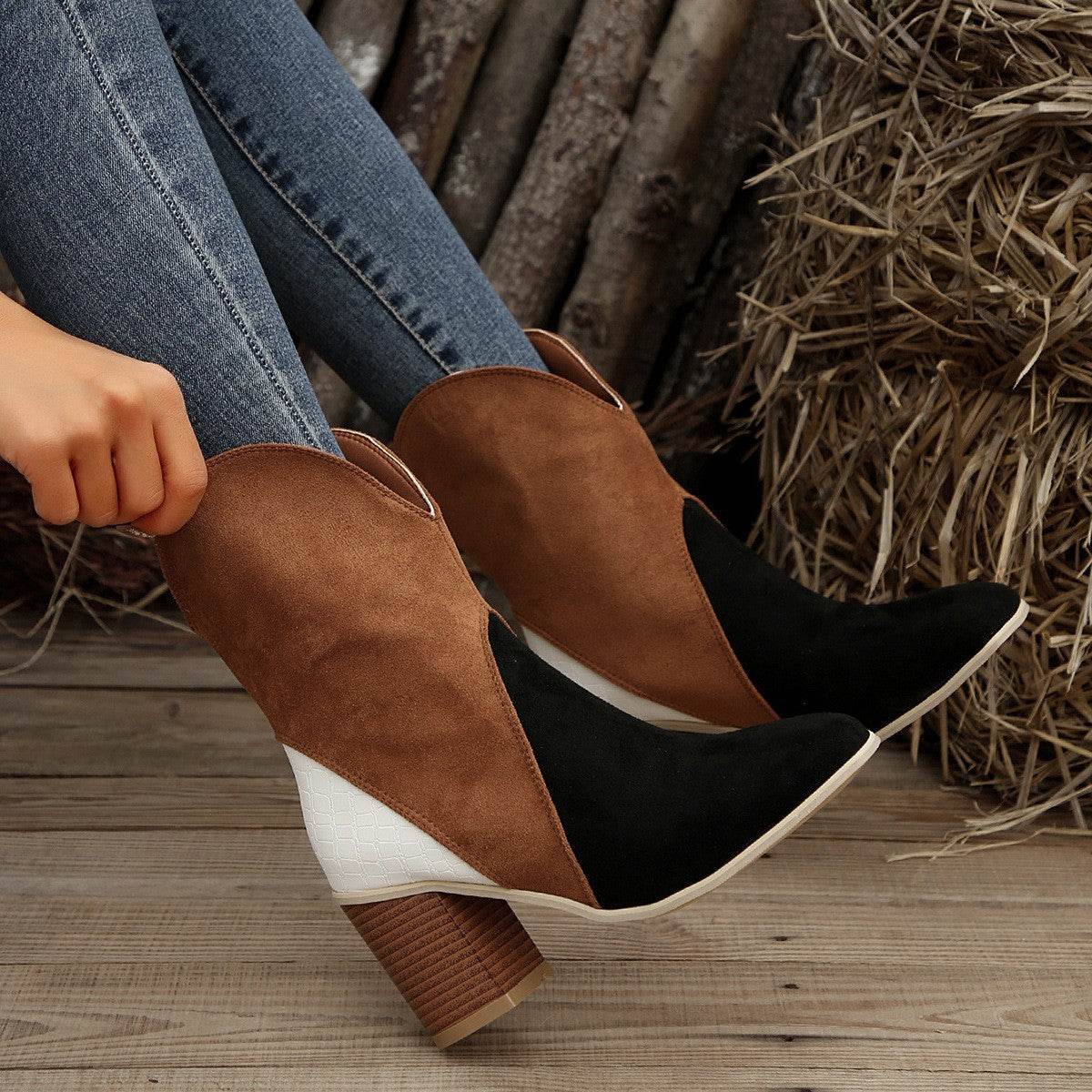 Fashion Splicing Suede Boots Retro Pointed-toe Square High Heel Mid-calf Boots For Women Fall And Winter Shoes - Mubimart