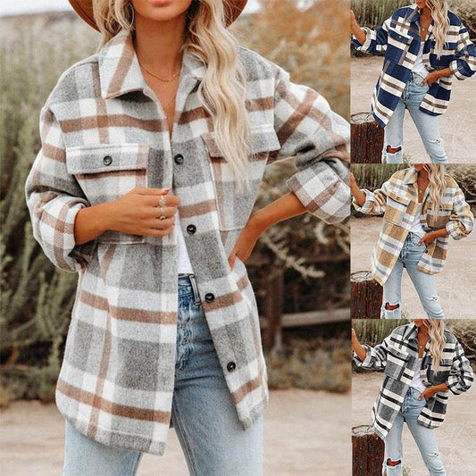 Plaid Button Flannel Woolen Shirt - Mubimart