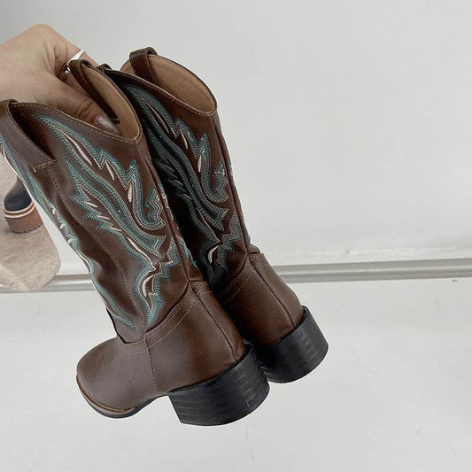 Women's Mid-calf Embroidered Martin Boots - Mubimart
