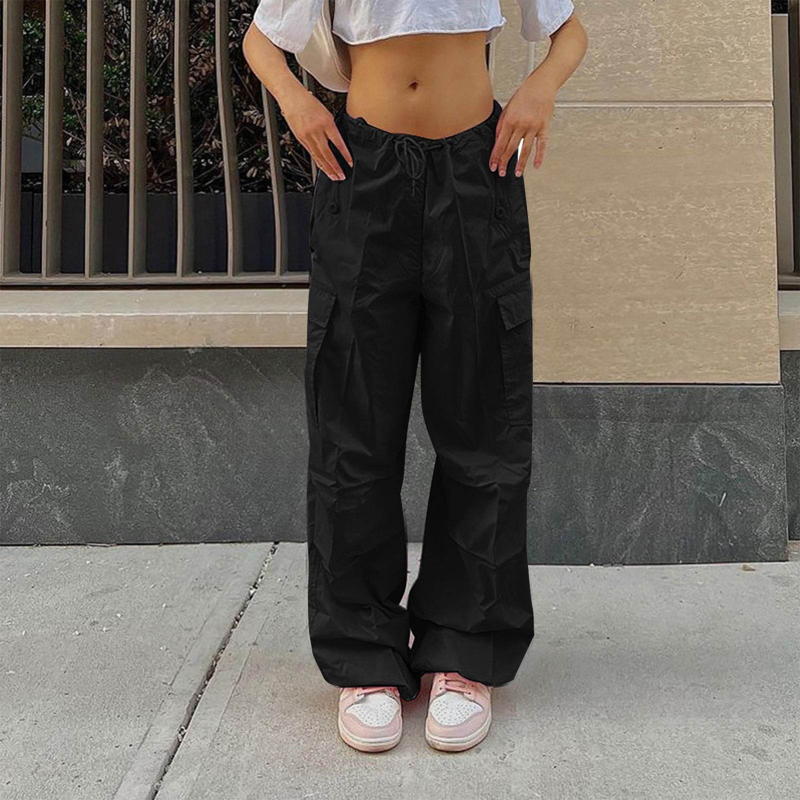Casual Cargo Pants For Women Solid Color Drawstring Pocket Design Fashion Street Trousers Girls - Mubimart