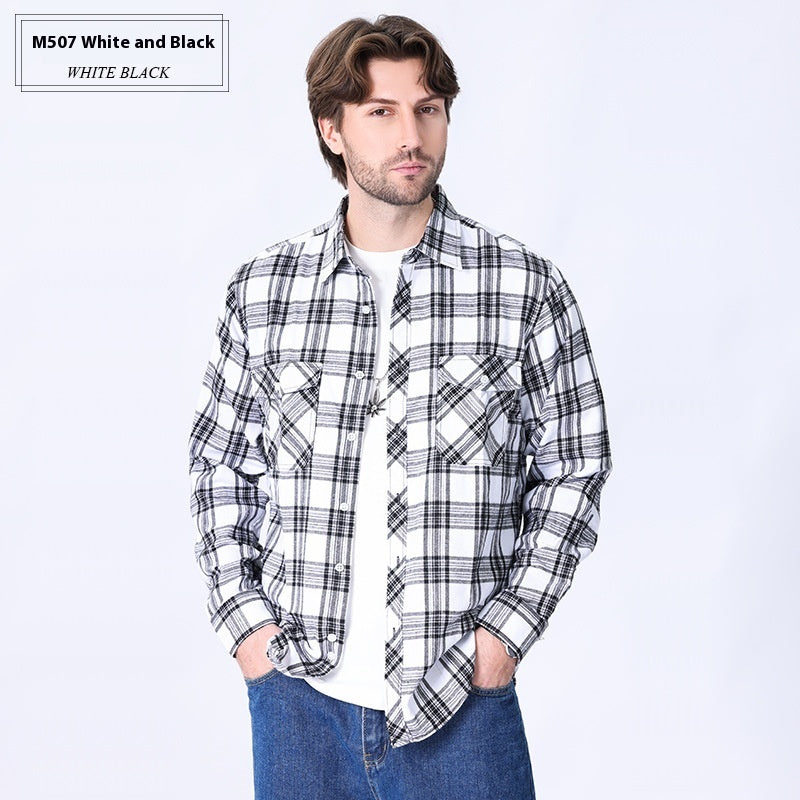 Vintage Flannel Men's Long Sleeve Brushed Plaid Shirt Coat