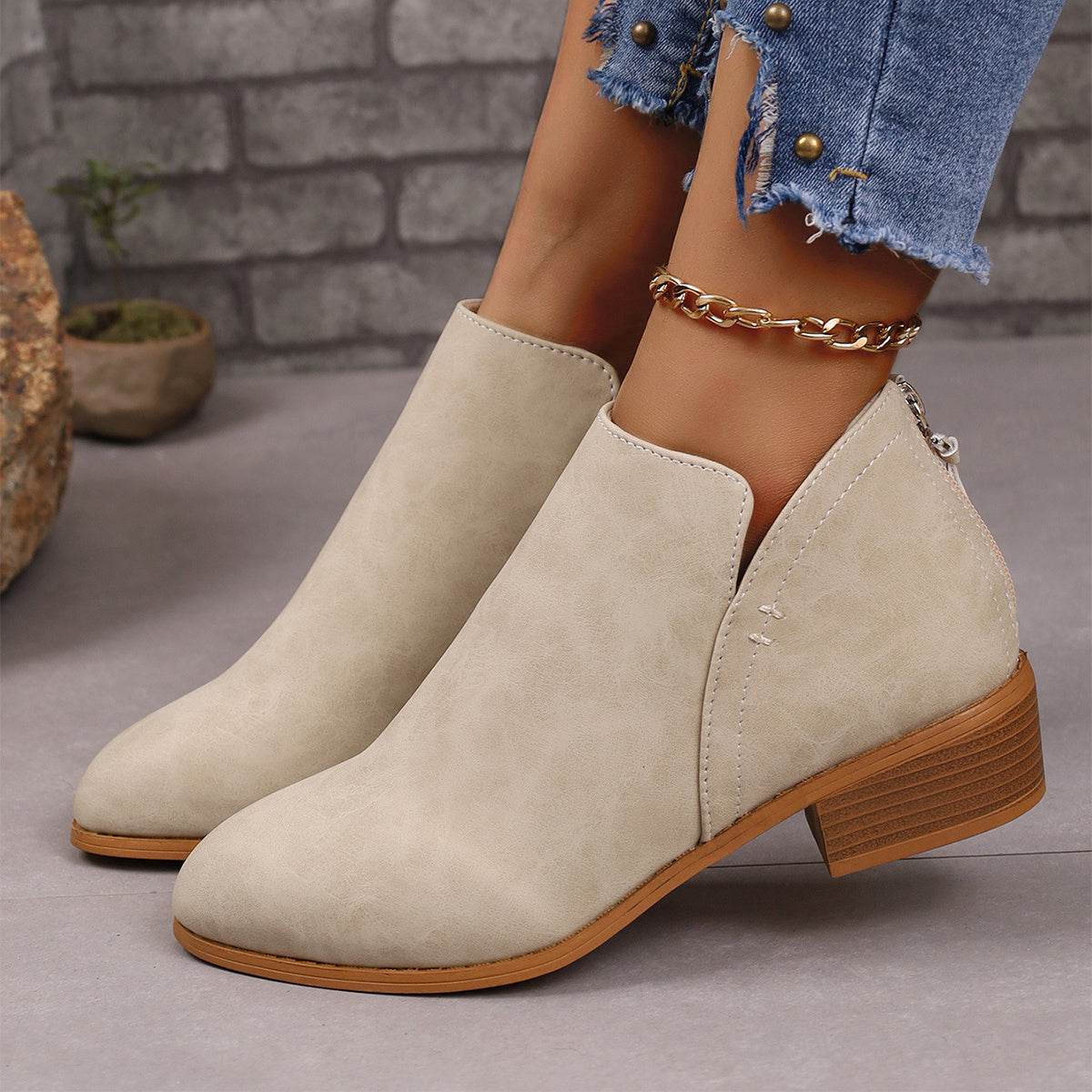 Chunky Heel Pointed Toe Ankle Boots With V-cut Design Fashion Fall Winter Short Boots For Women Shoes - Mubimart