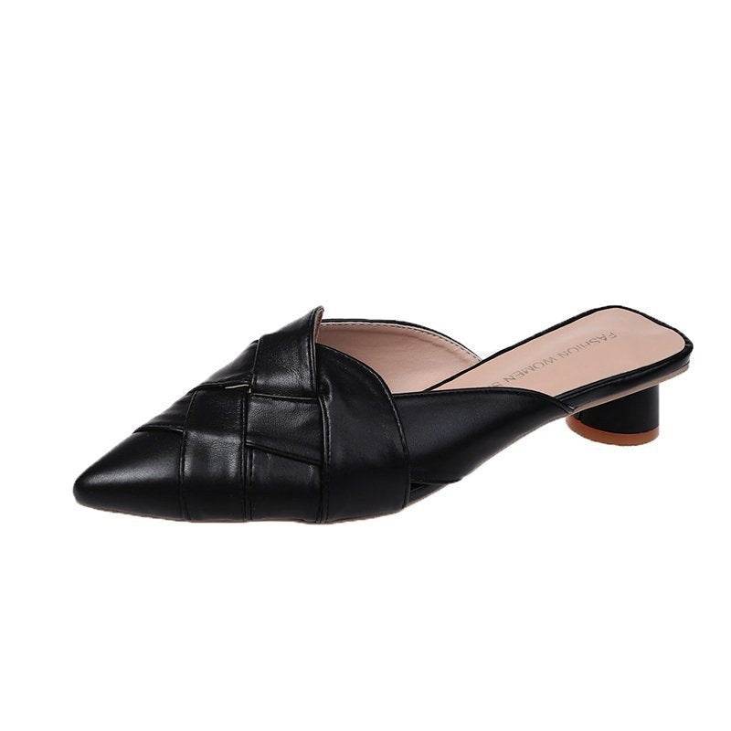 Pointed Soft Leather Sandals Women's Mid-heel Mules - Mubimart