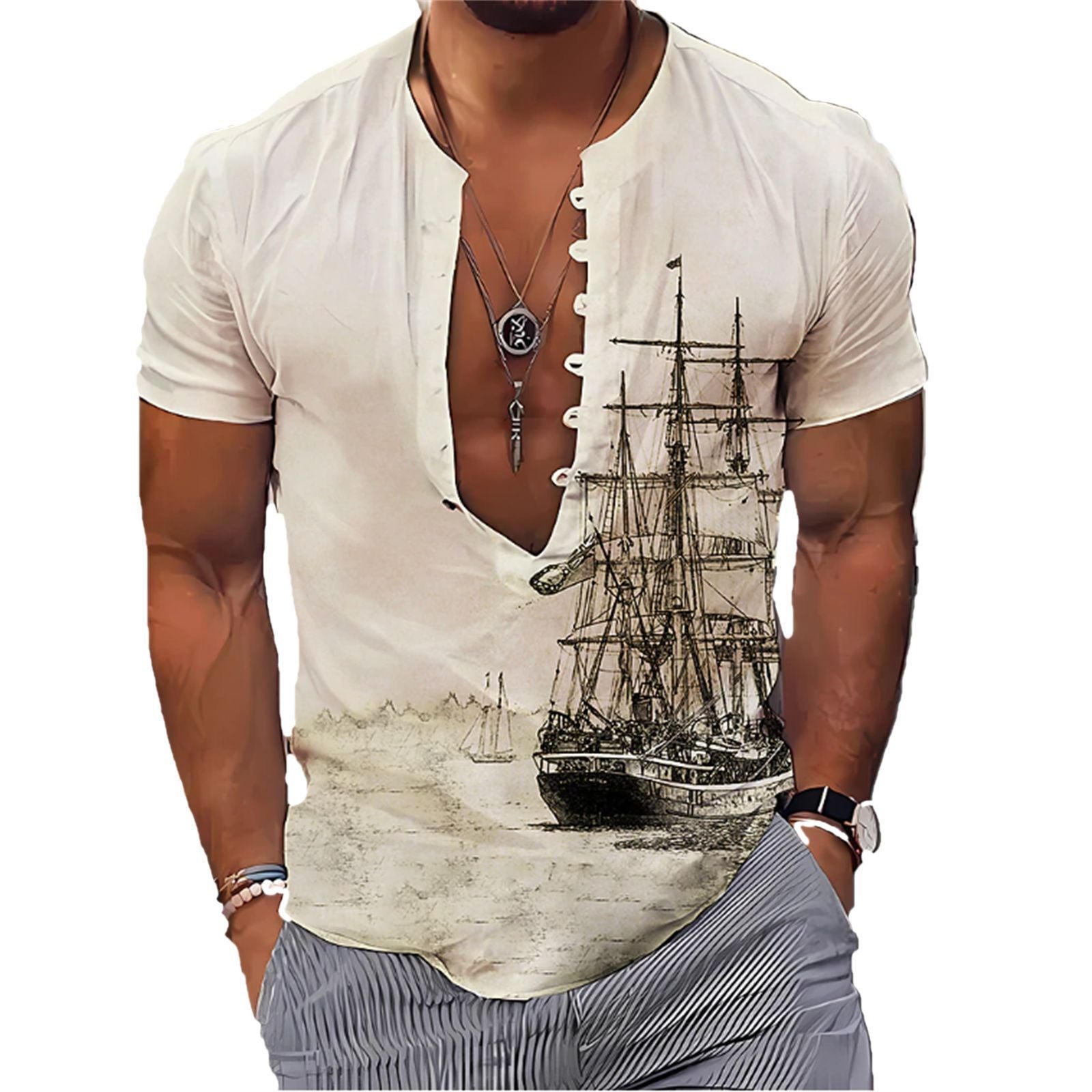 Men's Fashion 3D Vintage Print Sailboat Stand Collar Long Sleeve Button-down Shirt