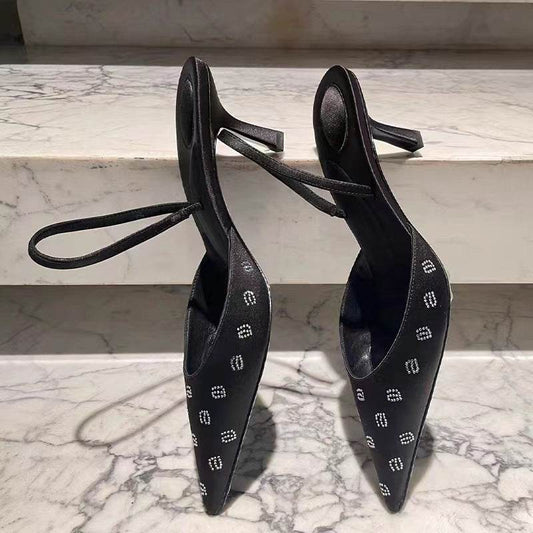 Rhinestone Letters Satin Slingback Pointed-toe Hollowed Stiletto Sexy High Heel Toe Box Sandals - Mubimart