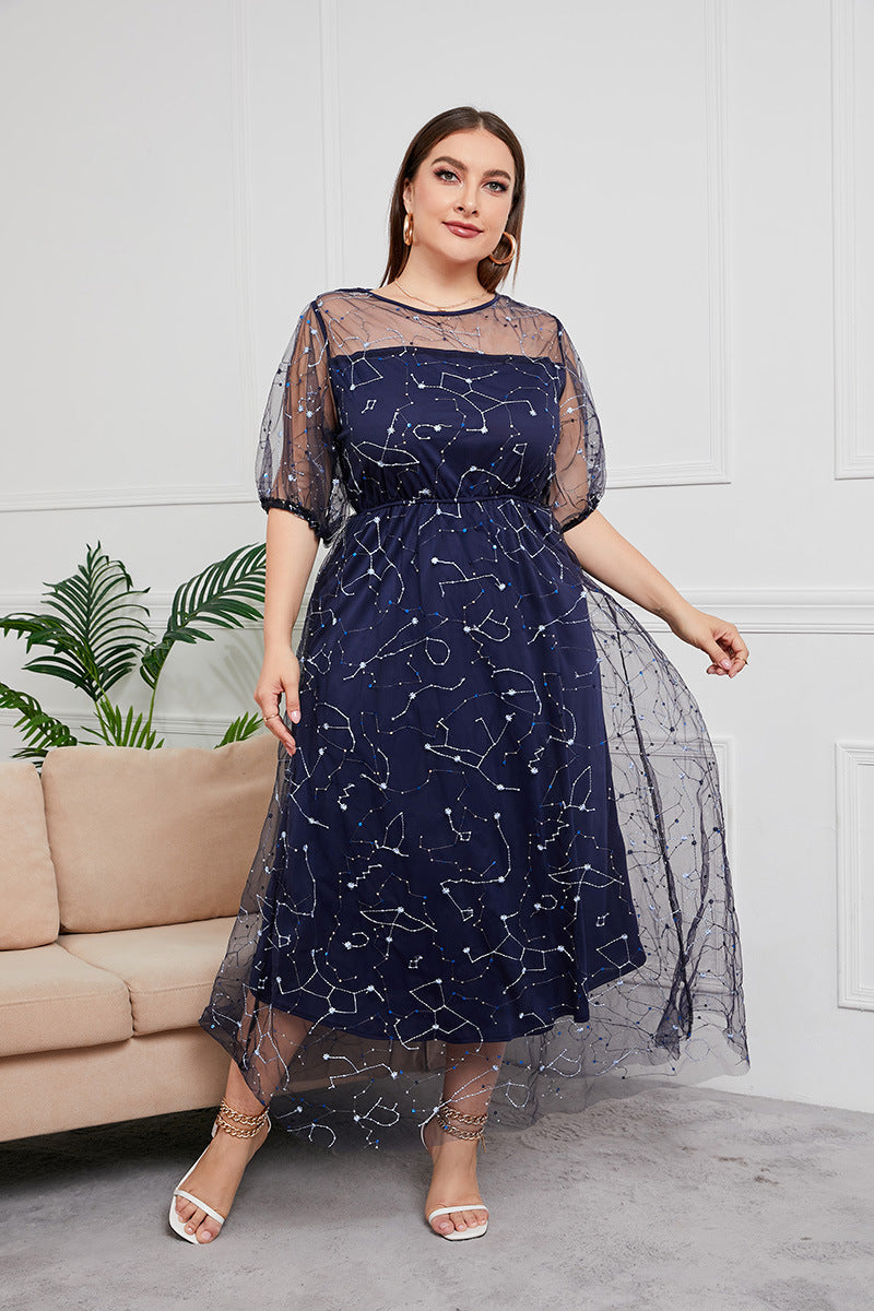 Plus Size Dress Evening Dress Women's Mesh Embroidered Midi Dress - Mubimart -  