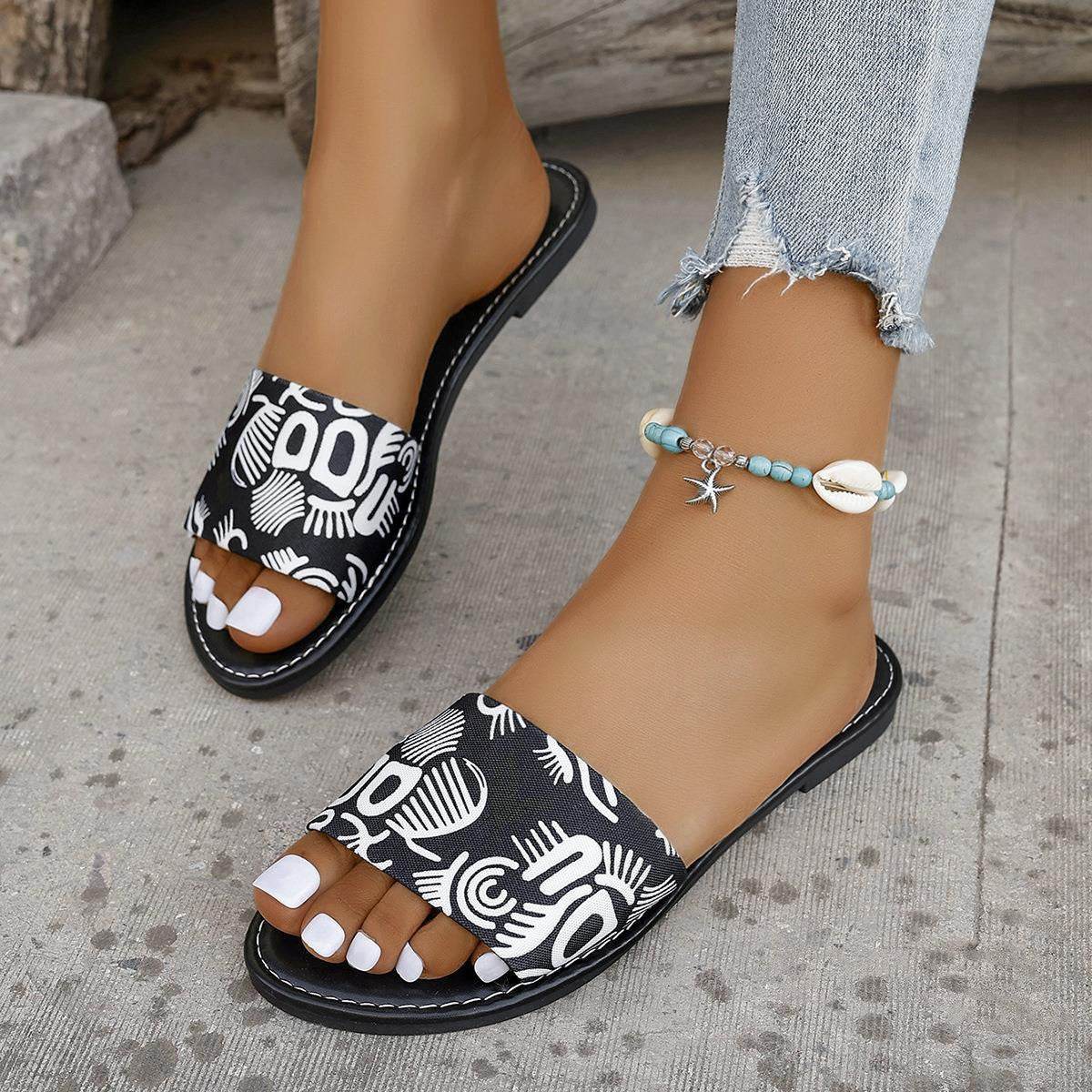 New Fashion Graffiti Print Sandals For Women Summer Round Toe Low Heel Flat Slippers For Women Slides Casual Beach Shoes - Mubimart