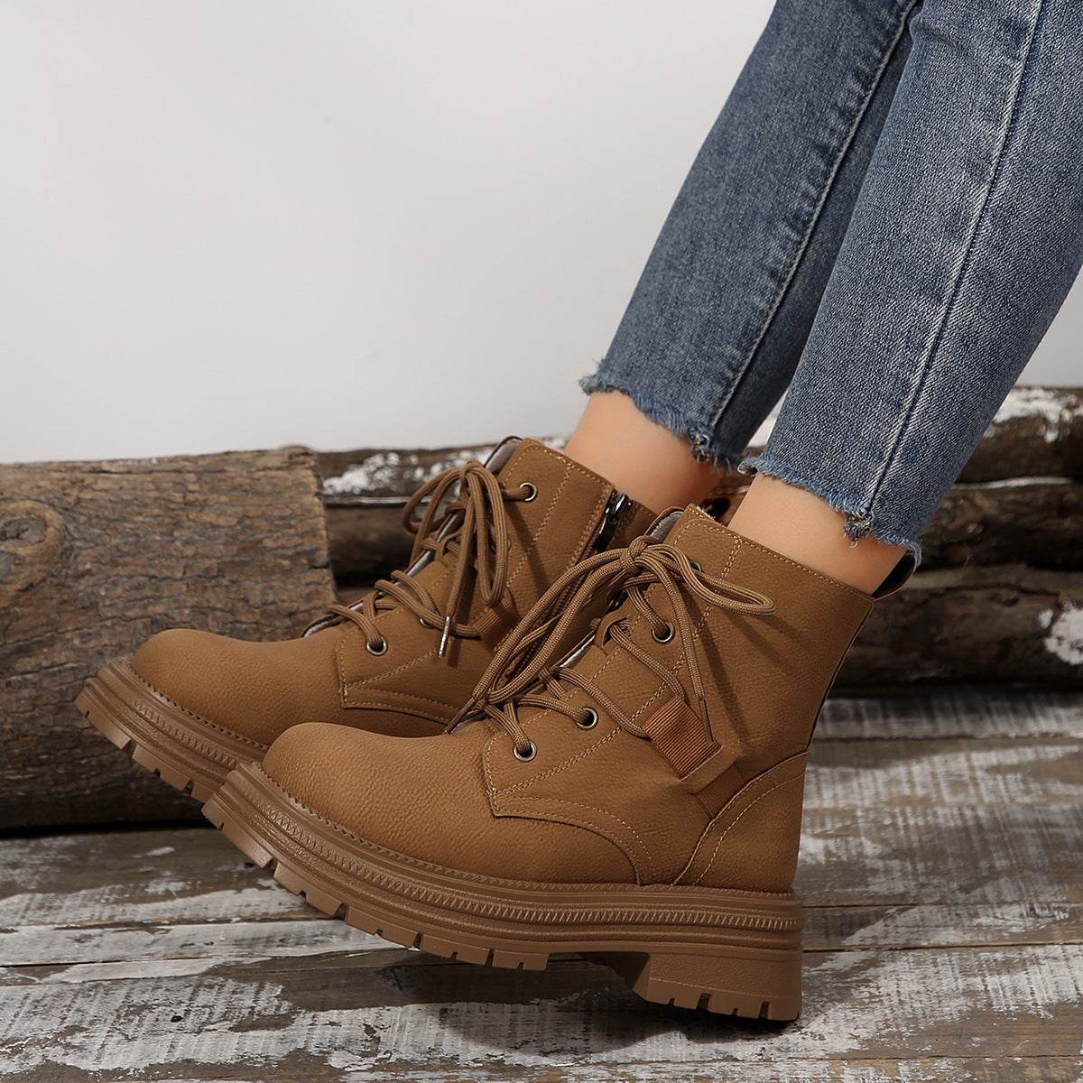 Square-heeled Lace-up Boots For Women Fall Winter All-match Slim Shoes Fashion Ankle Boot - Mubimart
