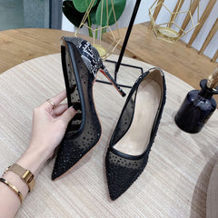 Black Net Rhinestone Snake Print High Heels Stiletto Sexy Pointy Shallow Mouth Work Shoes Trend