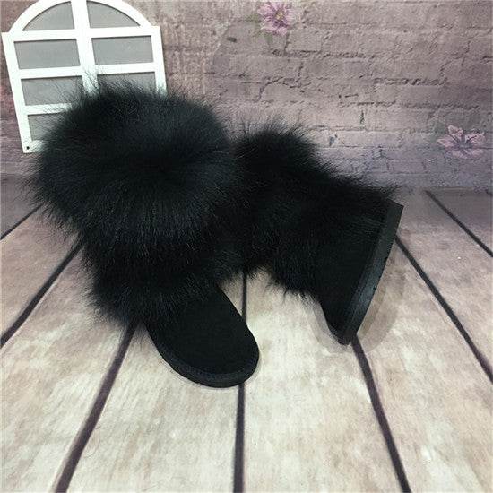 Women's Winter Mid-calf Fox Fur Snow Boots - Mubimart