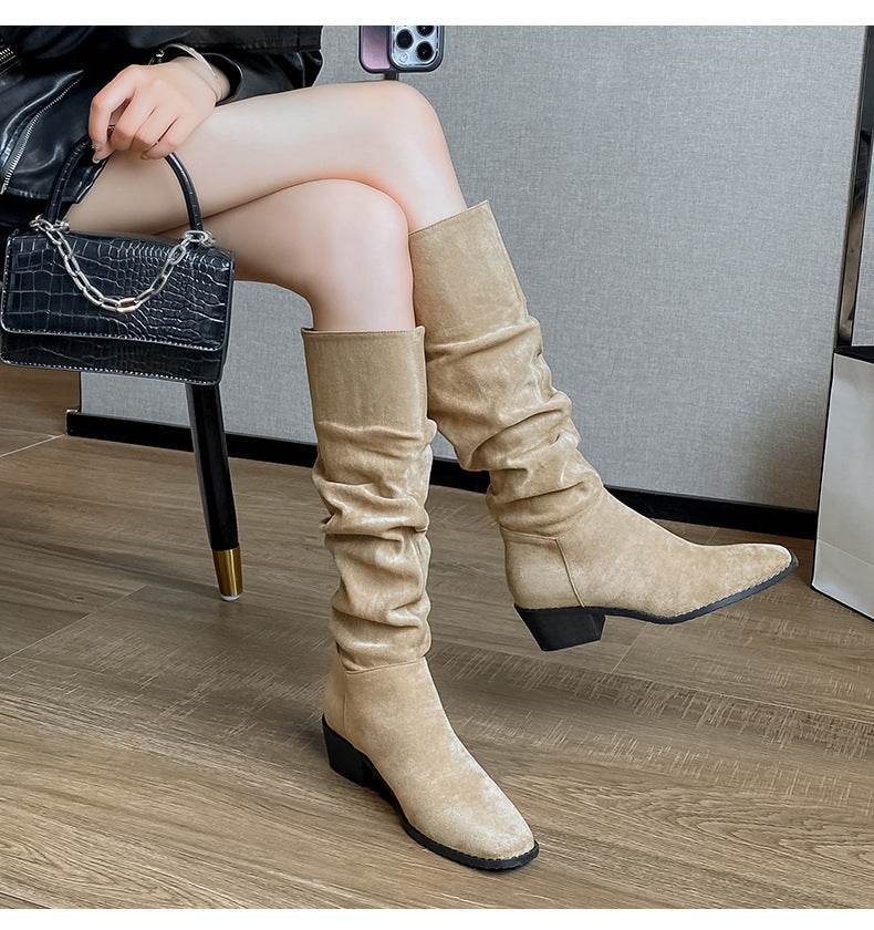French Mid-calf Thin Western Denim Boots - Mubimart