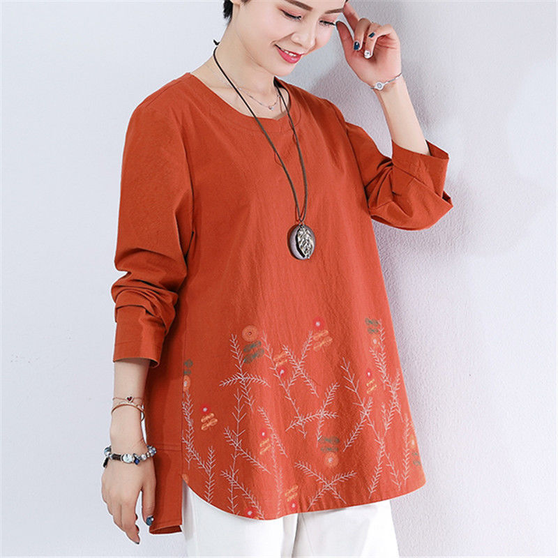 Printed Loose Plus Size Cotton Long-sleeved T-shirt - Mubimart -  