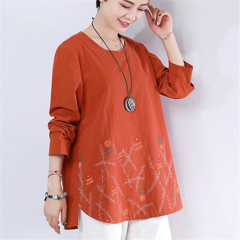Printed Loose Plus Size Cotton Long-sleeved T-shirt - Mubimart