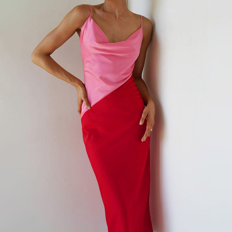 Irregular Colorblock Satin Slip Dress - Mubimart -  