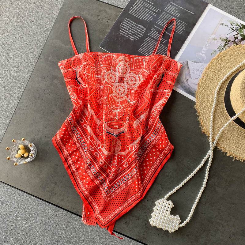 Abdominal Camisole Print Open-Back Top - Mubimart