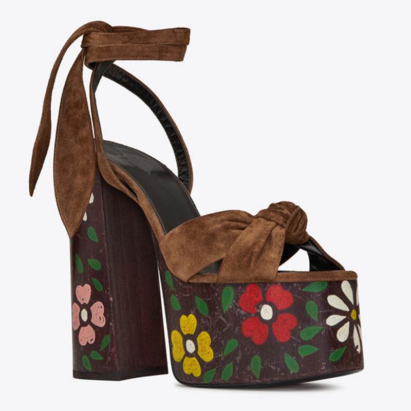 Summer Peep Toe Platform Thick Heel Bowknot Lace-up Super High Heels - Mubimart