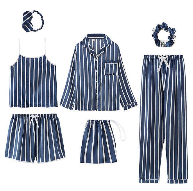 Simulated Silk Striped Seven-piece Loungewear - Mubimart