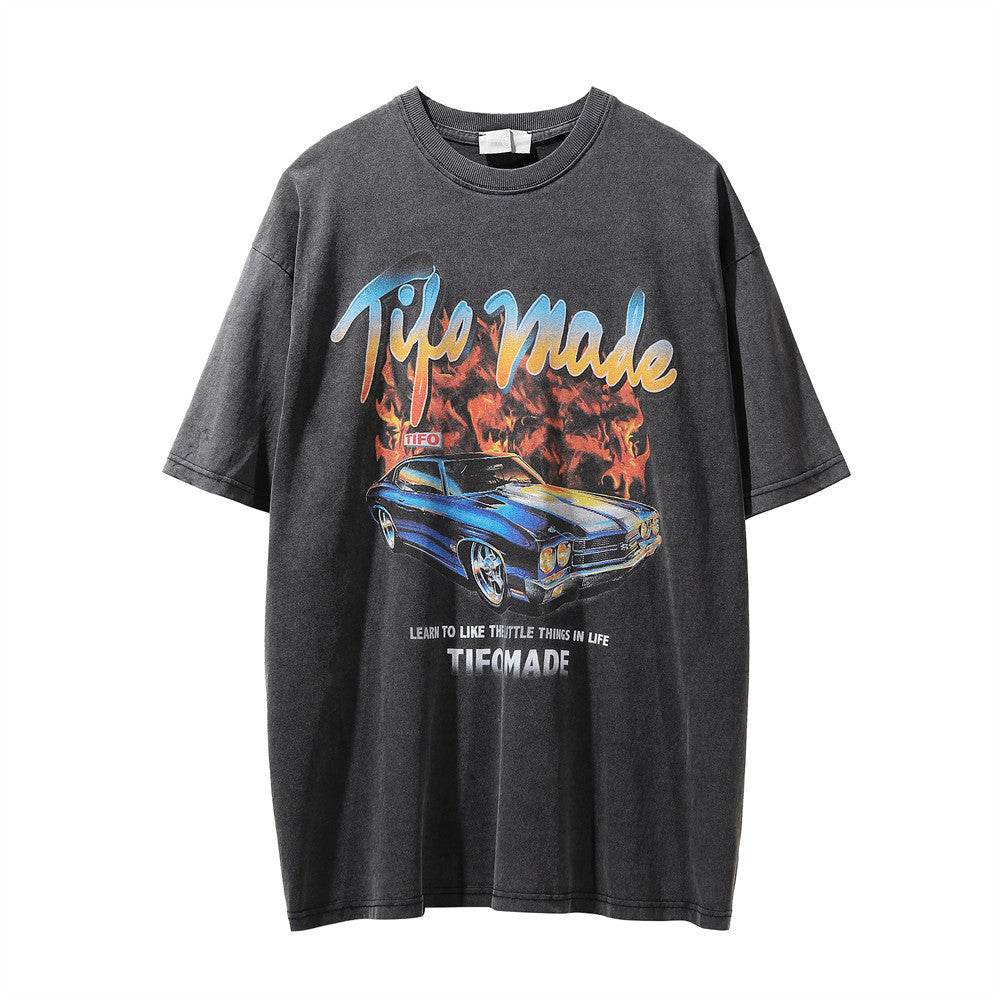 Mens Loose Casual Flame Car Graphic Short Sleeve T-Shirt - Mubimart