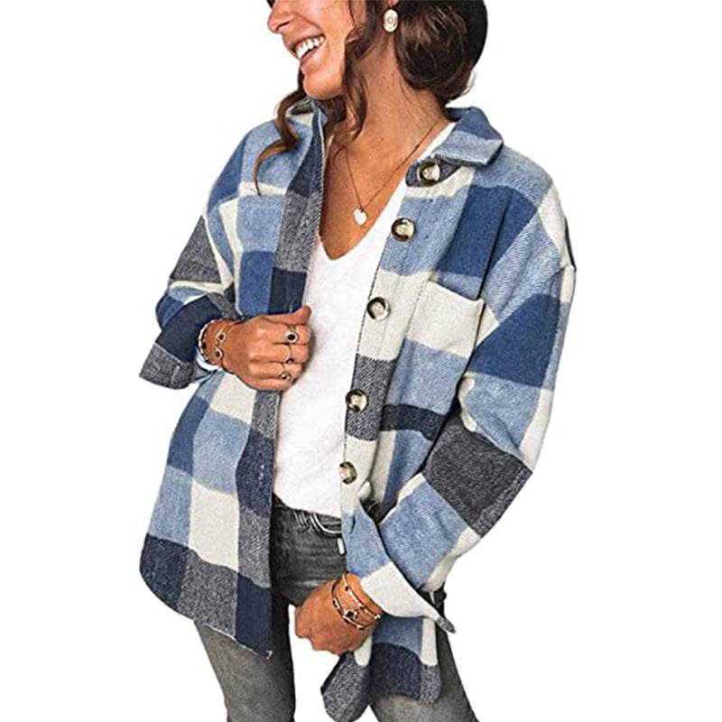 Casual Flannel Plaid Buttoned Shirt Jacket - Mubimart