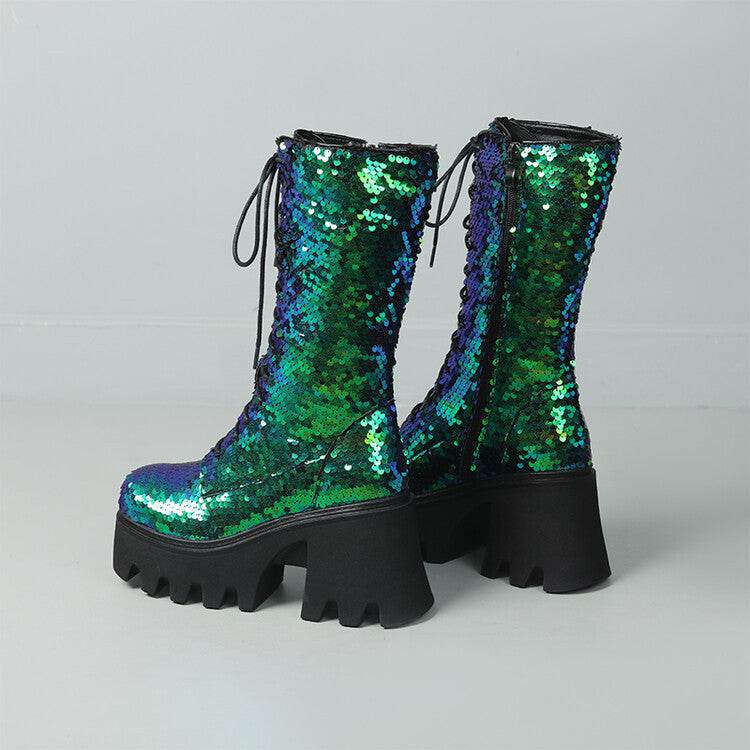 Sequins Mid-calf Martin Boots Round Head Front - Mubimart