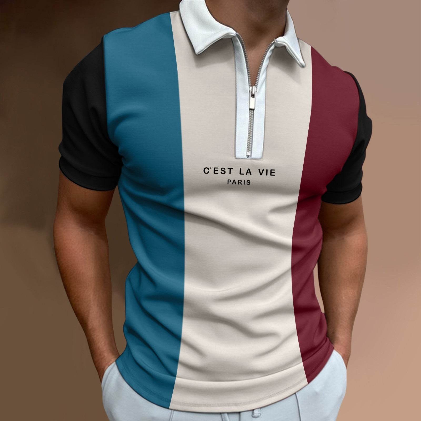 Men's Summer Polo Zipper Color Matching Sports Polo Shirt - Mubimart