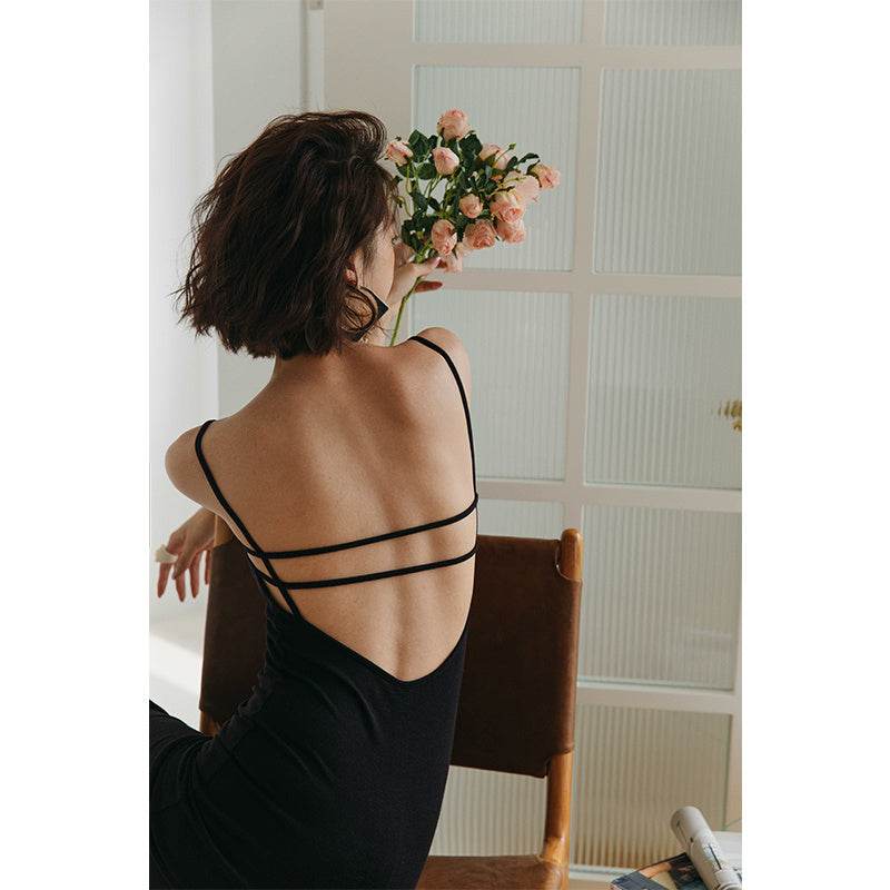Women's Slip-Neck Black Slim Knit Slip Dress - Mubimart