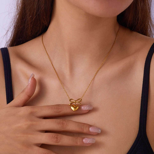 Stainless Steel New Fashion Fine Waterproof Jewelry Love Heart Bowknot Shape Charm Chain Choker Necklaces Pendant For Women Fashion Jewelry - Mubimart