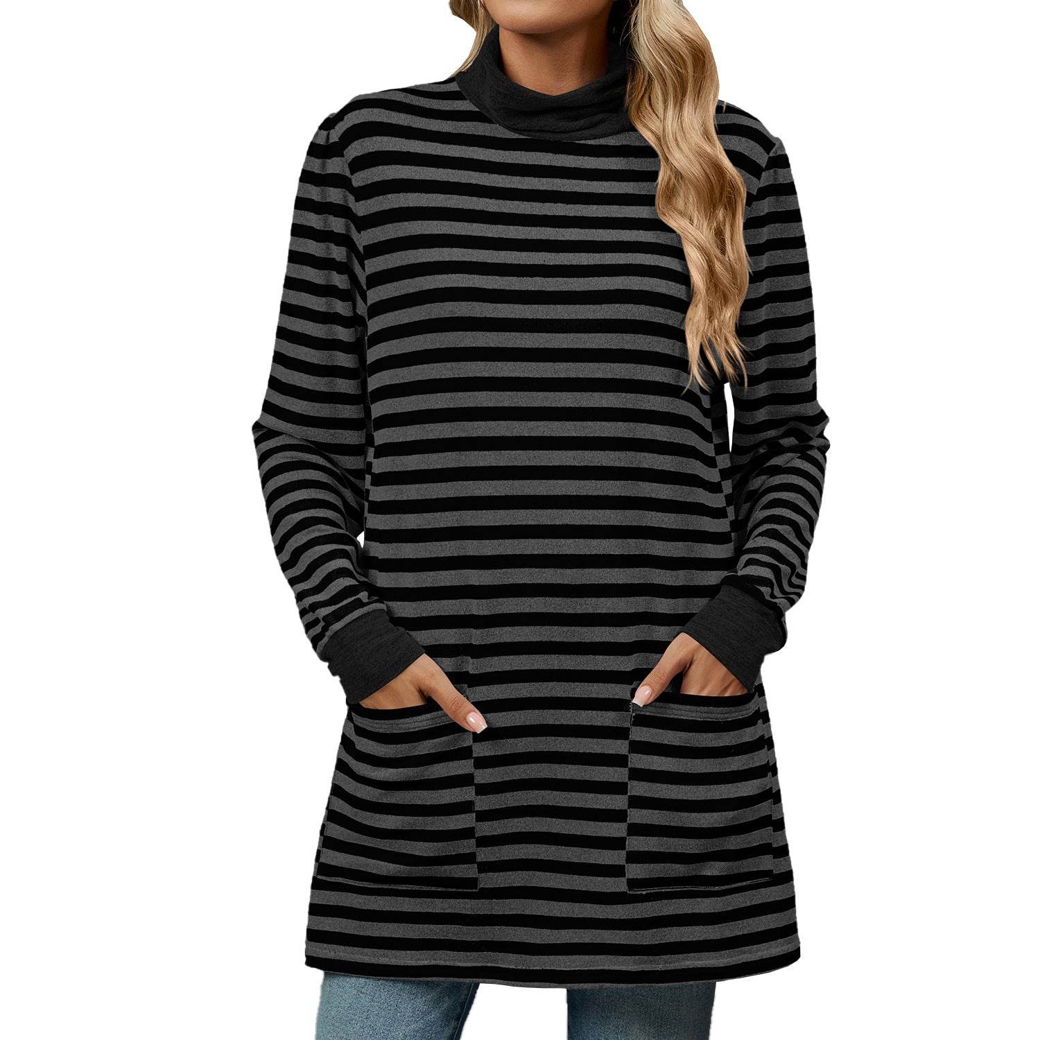 Fashion Striped Print Long Sweatshirt With Pocket Loose Long Sleeve Pullover T-shirt Top For Womens Clothing - Mubimart