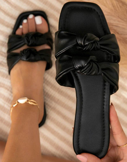 Double Bow Slippers Flat Shoes Summer Outdoor Sandals Non-slip Slides - Mubimart