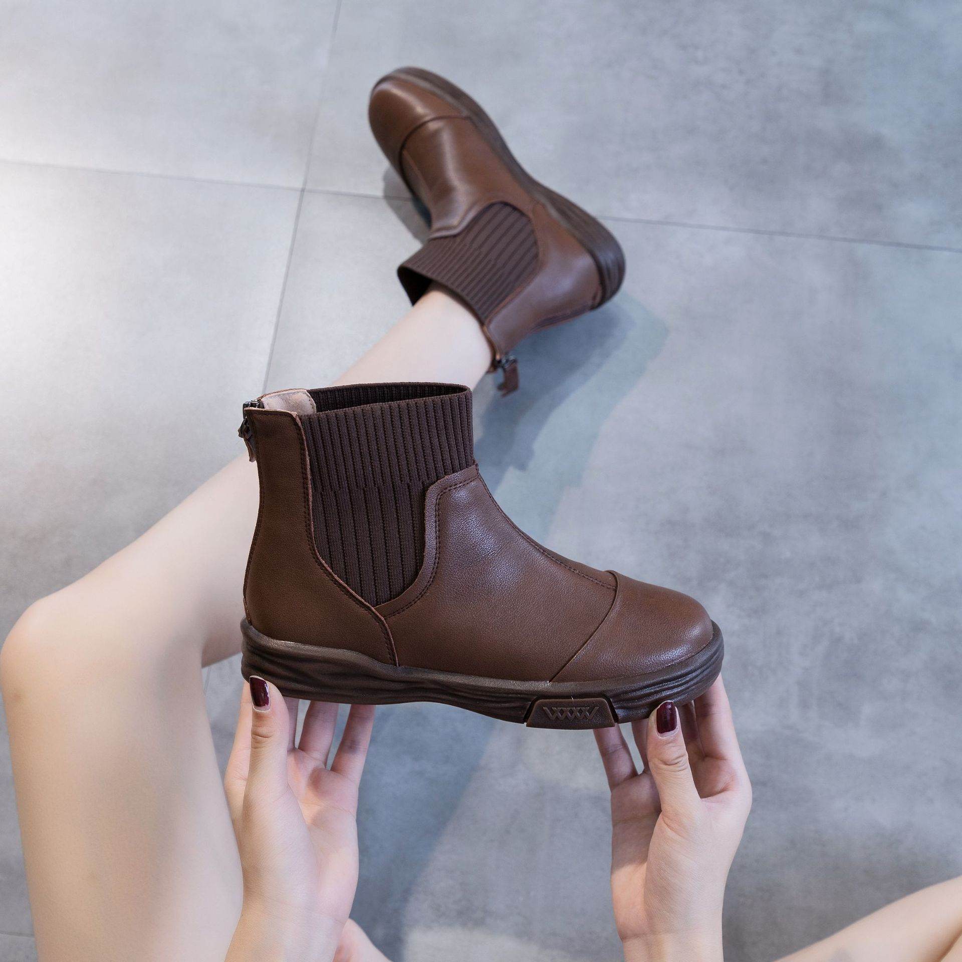Flat Vintage Elastic Booties All-matching Fleece-lined Ankle Boots - Mubimart