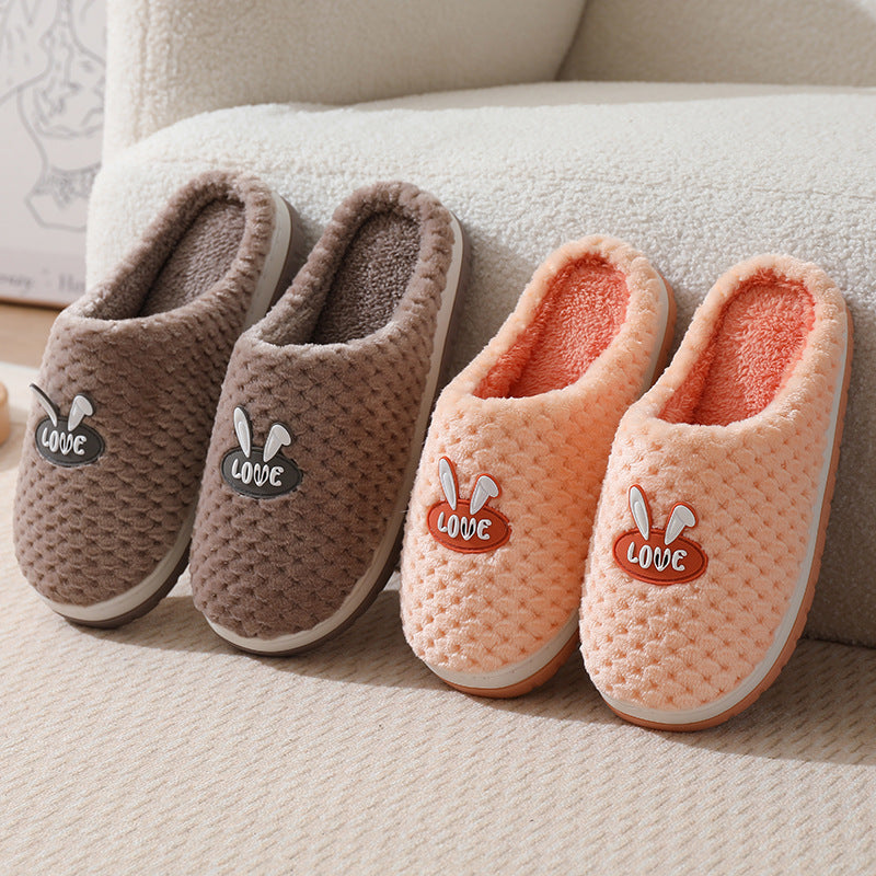 Cute Rabbit Plaid Design Home Slippers Winter Warm Thick-soled Cotton House Shoes For Women Indoor Non-slip Solid Couple Plush Slipper - Mubimart -  