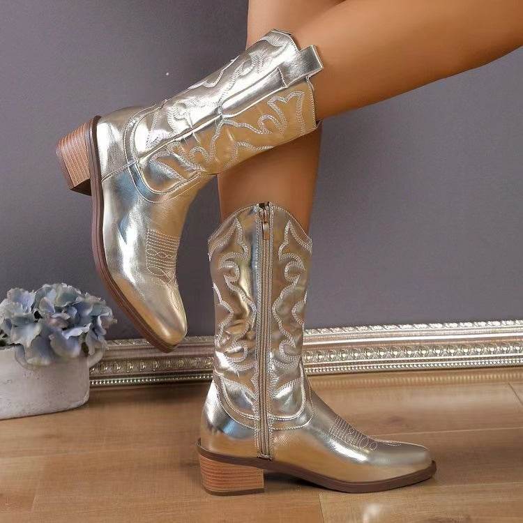 Chunky Heel Pointed Toe Western Boots Fashion Mid-tube Solid Knight Boot Autumn And Winter Shoes For Women - Mubimart
