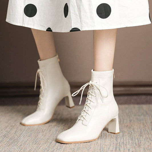 Square Toe High Heel Boots PU Leather Women Ankle Boots - Mubimart