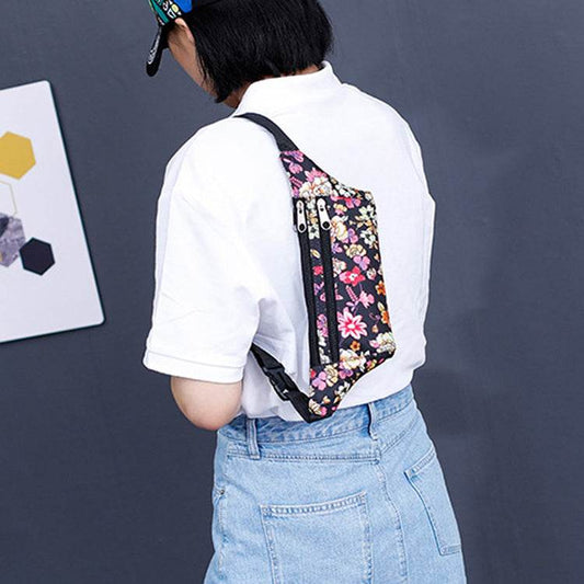 Flower Print Waist Bags Women Sports Running Fanny Pack With Double Zippers - Mubimart