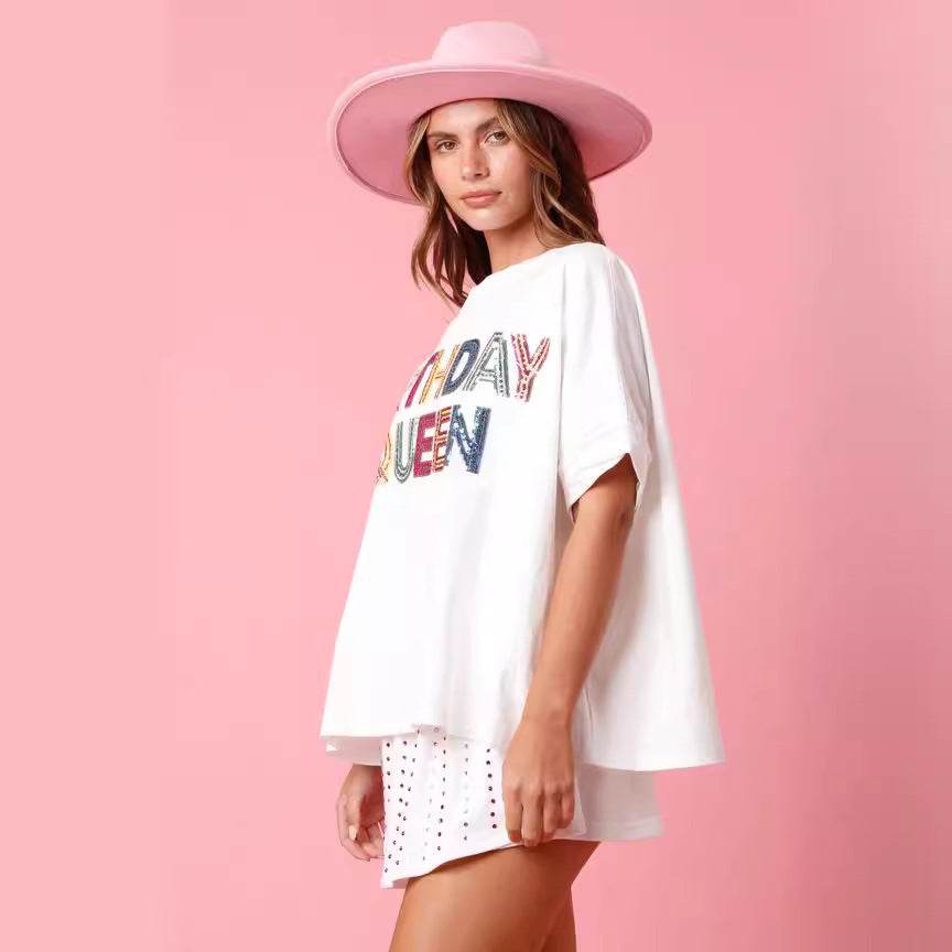 Birthday Sequined Top Loose T-shirt For Women - Mubimart